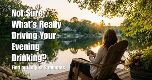 Woman relaxing beside a peaceful neighborhood lake while reflecting before taking the Live Better Sober evening drinking self-assessment.