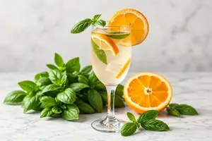 Make a citrus basil sparkler mocktail with orange juice, lemon juice, fresh basil, and sparkling water. An easy alcohol-free drink ready in 10 minutes.