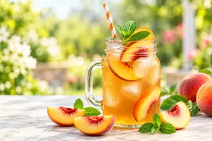 Make this refreshing peach iced tea mocktail with brewed tea, ripe peaches, and optional honey. An easy alcohol-free drink to serve over ice with mint.