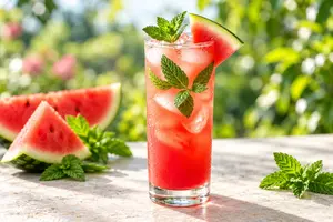 Watermelon mint spritz mocktail with ice, fresh mint, and a watermelon wedge on a sunny garden table