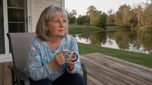 Susan sitting outside with a mug of coffee reflecting on the decision to quit drinking at age 37.
