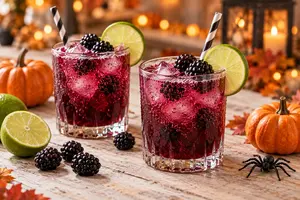 Two blackberry fizz mocktails with ice, blackberries, and lime wheels beside small pumpkins and a decorative spider
