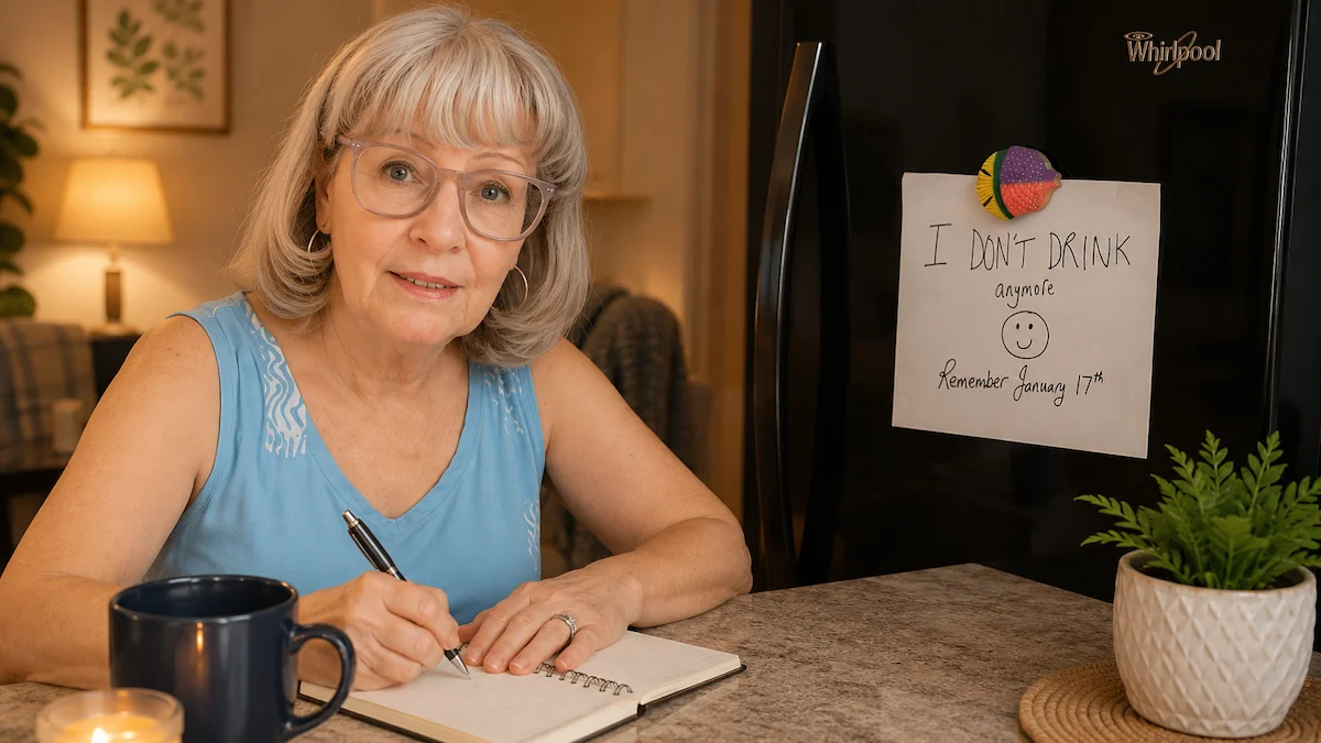 Woman creating an after-work drinking trigger plan beside a refrigerator reminder note to stop drinking.