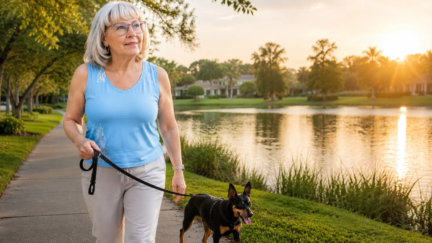 Susan Walking Her Dog During an Alcohol-Free Evening Routine Susan walking her black and tan miniature pinscher beside a peaceful neighborhood lake, showing a simple alcohol-free evening routine that replaces drinking with a calming walk.