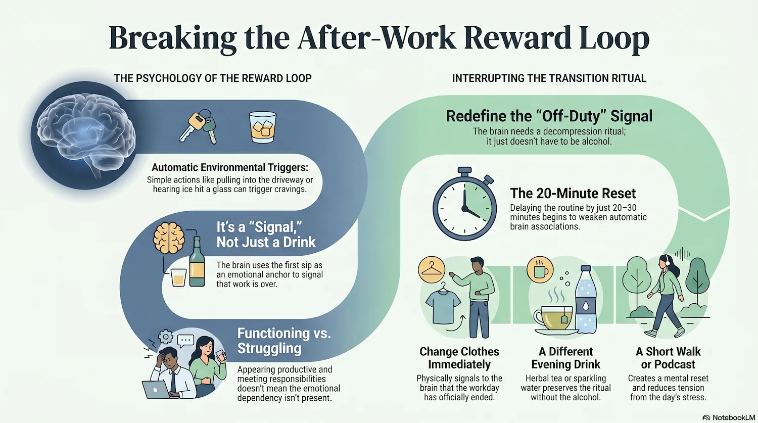 Infographic explaining the after-work reward loop and how nightly drinking becomes emotionally connected to stress relief and relaxation rituals