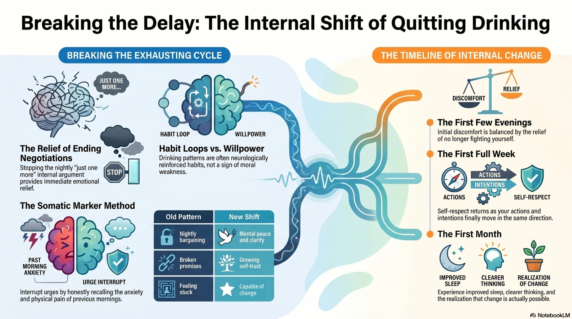 Infographic showing the internal emotional shift that happens when someone finally stops delaying quitting drinking, including habit loops, self-trust, and relief from nightly bargaining