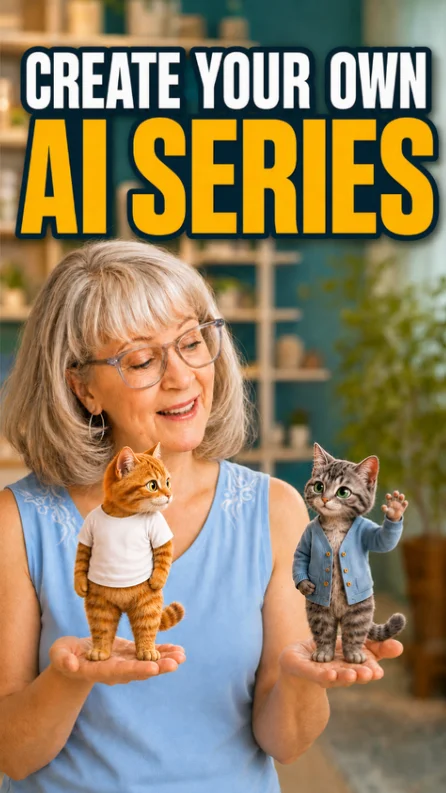 Susan holding George and Maggie, two AI cat characters, for her Google Flow video series course