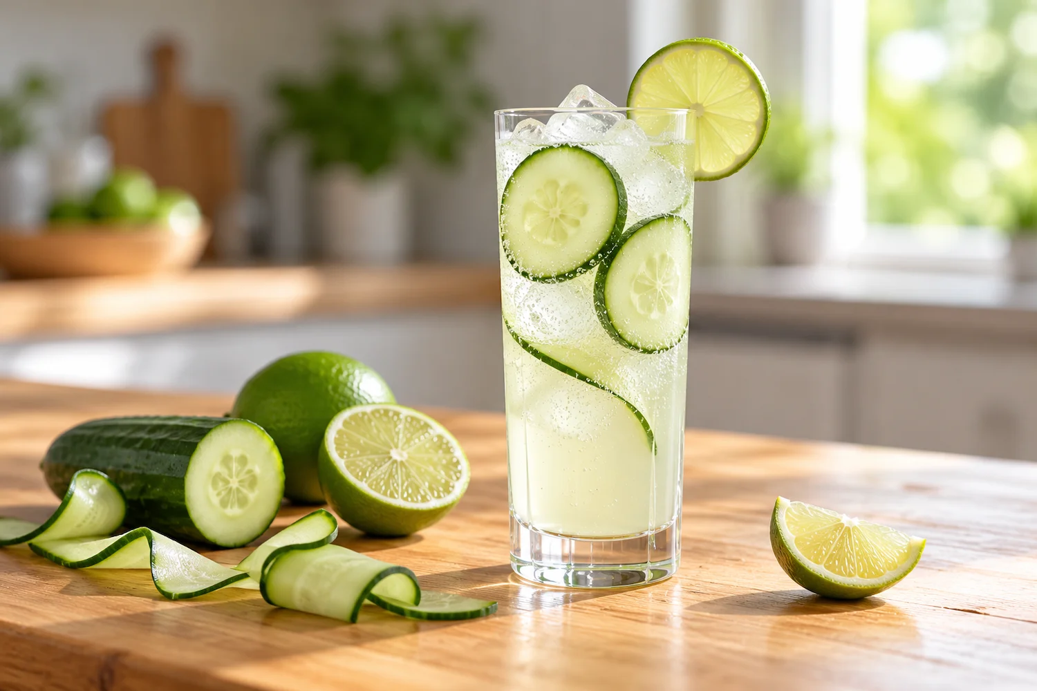Cucumber lime fizz mocktail with ice, cucumber slices, and a lime wheel in a tall glass