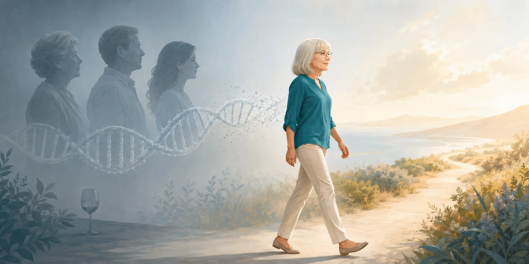 Woman walking toward a brighter future as family figures and a fading DNA strand remain behind her.