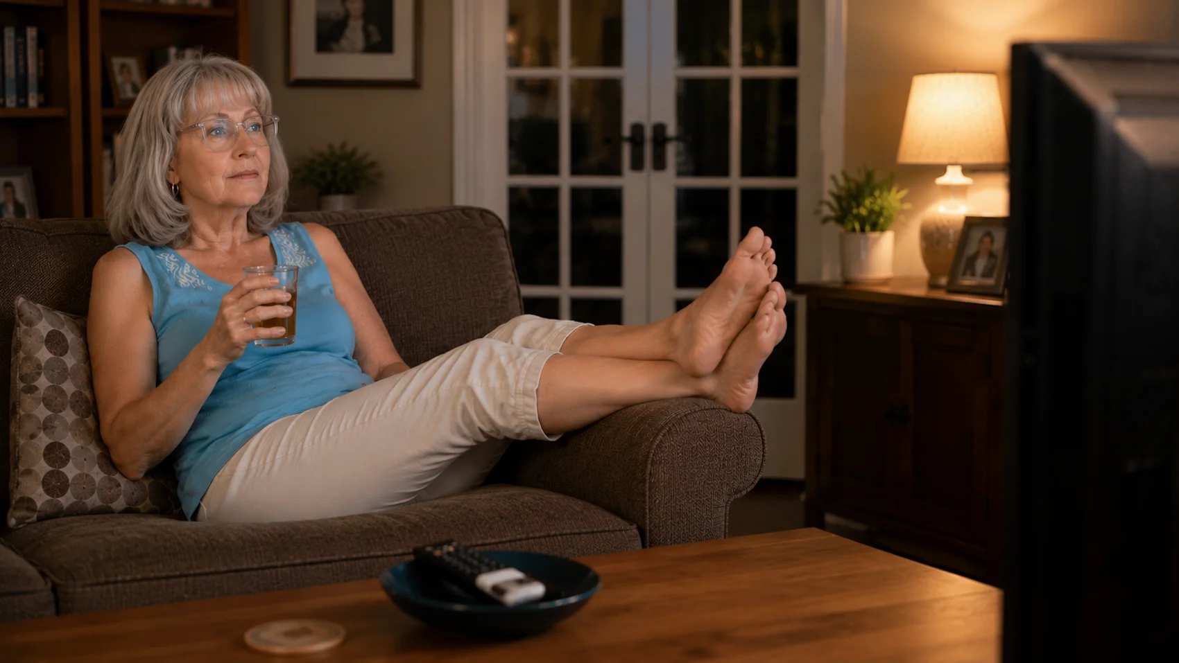 Susan sitting alone at home in the evening, reflecting on how nightly drinking quietly became a habit