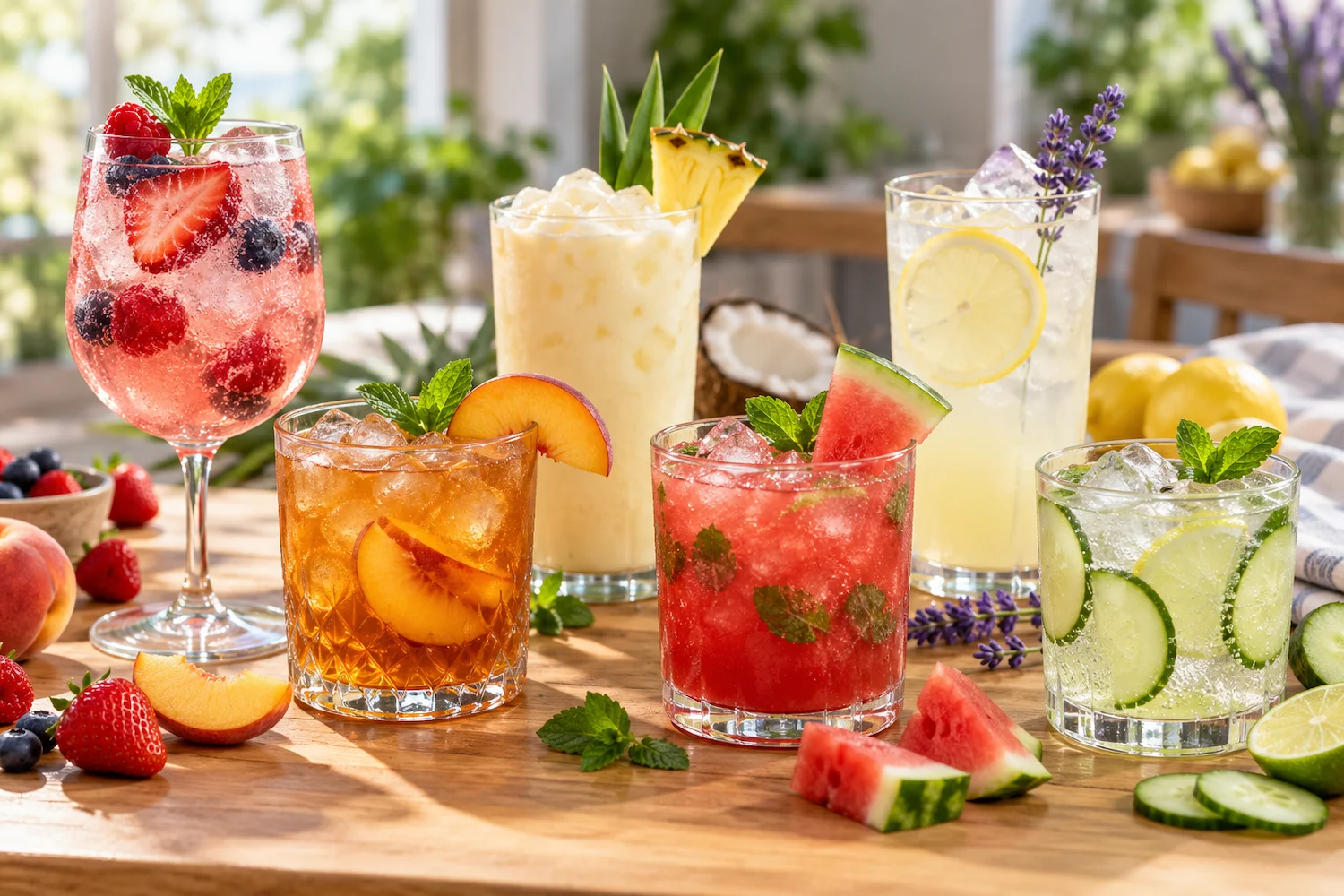 Easy Mocktail Recipes With Fruit and Fresh Herbs Six colorful alcohol-free drinks with berries, peach, pineapple, lemon, watermelon, and cucumber