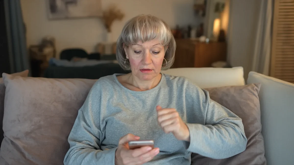 Woman sitting quietly on a sofa looking at her phone with regret and emotional discomfort the morning after drinking