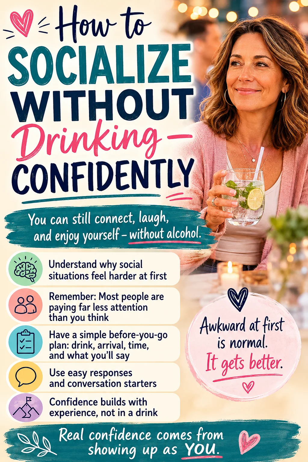 Woman confidently socializing without alcohol at a dinner gathering with tips for handling parties, social events, and sober confidence.