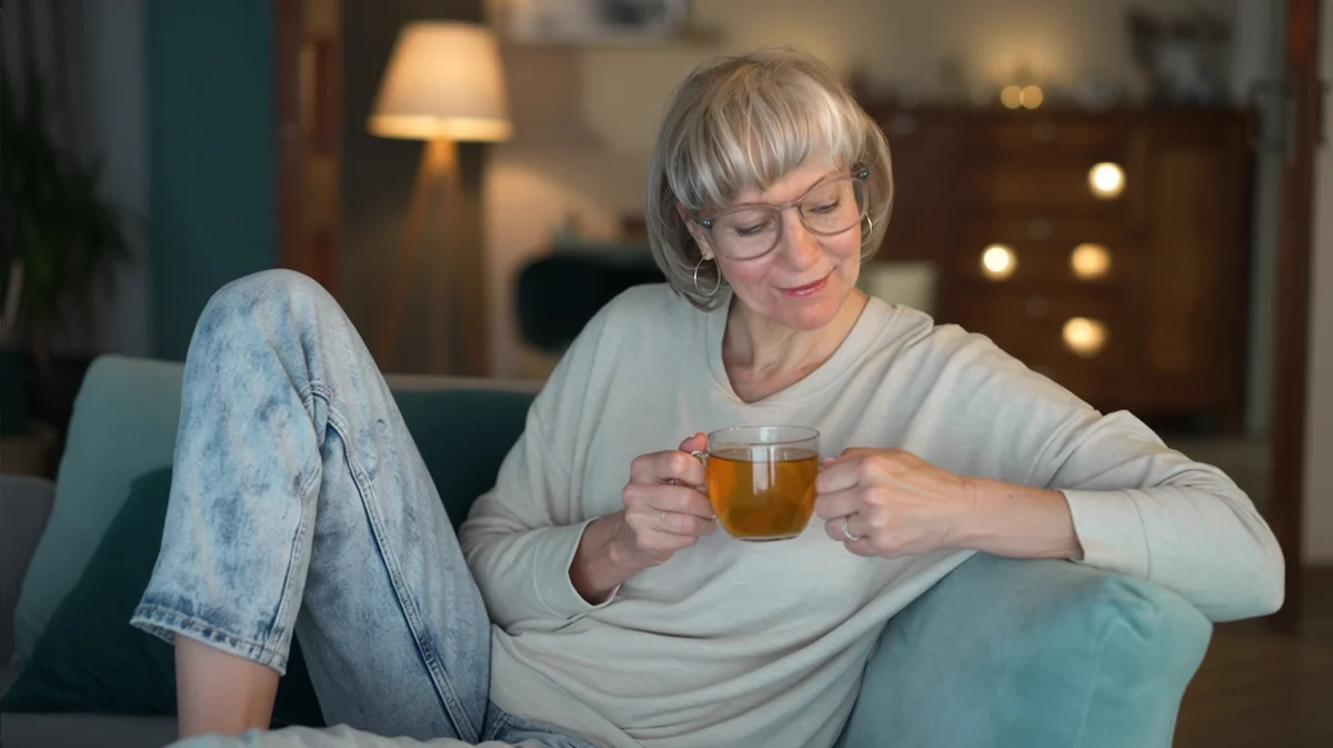 Building New Evening Habits Without Alcohol Woman relaxing peacefully at home with tea while building healthier evening habits without alcohol