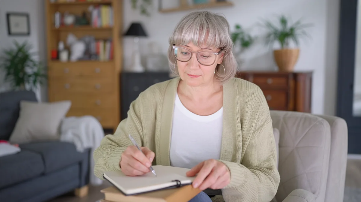 Beginning New Evening Habits Woman journaling at home while building healthier evening habits without alcohol