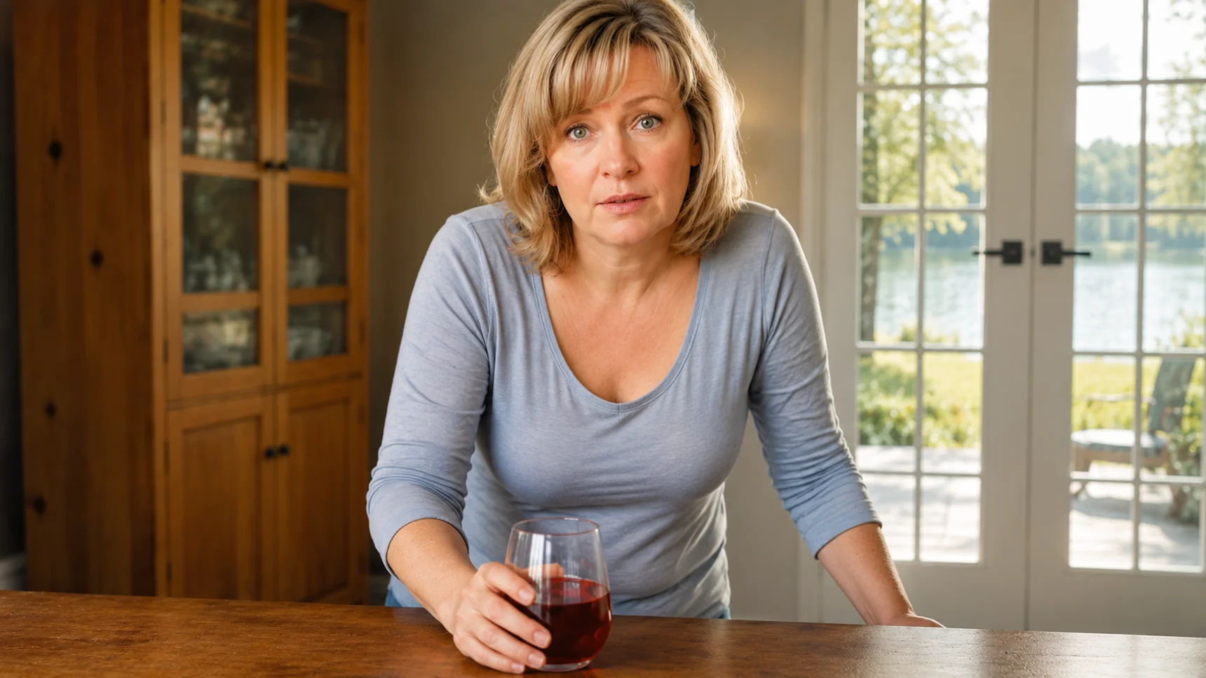 I Already Poured a Drink. Now What? Woman holding a glass of wine, reflecting on whether to take the first sip.