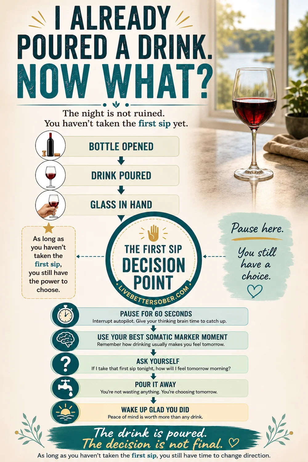 I Already Poured a Drink. Now What? Infographic showing what to do when you've already poured a drink but want to stop before taking the first sip.