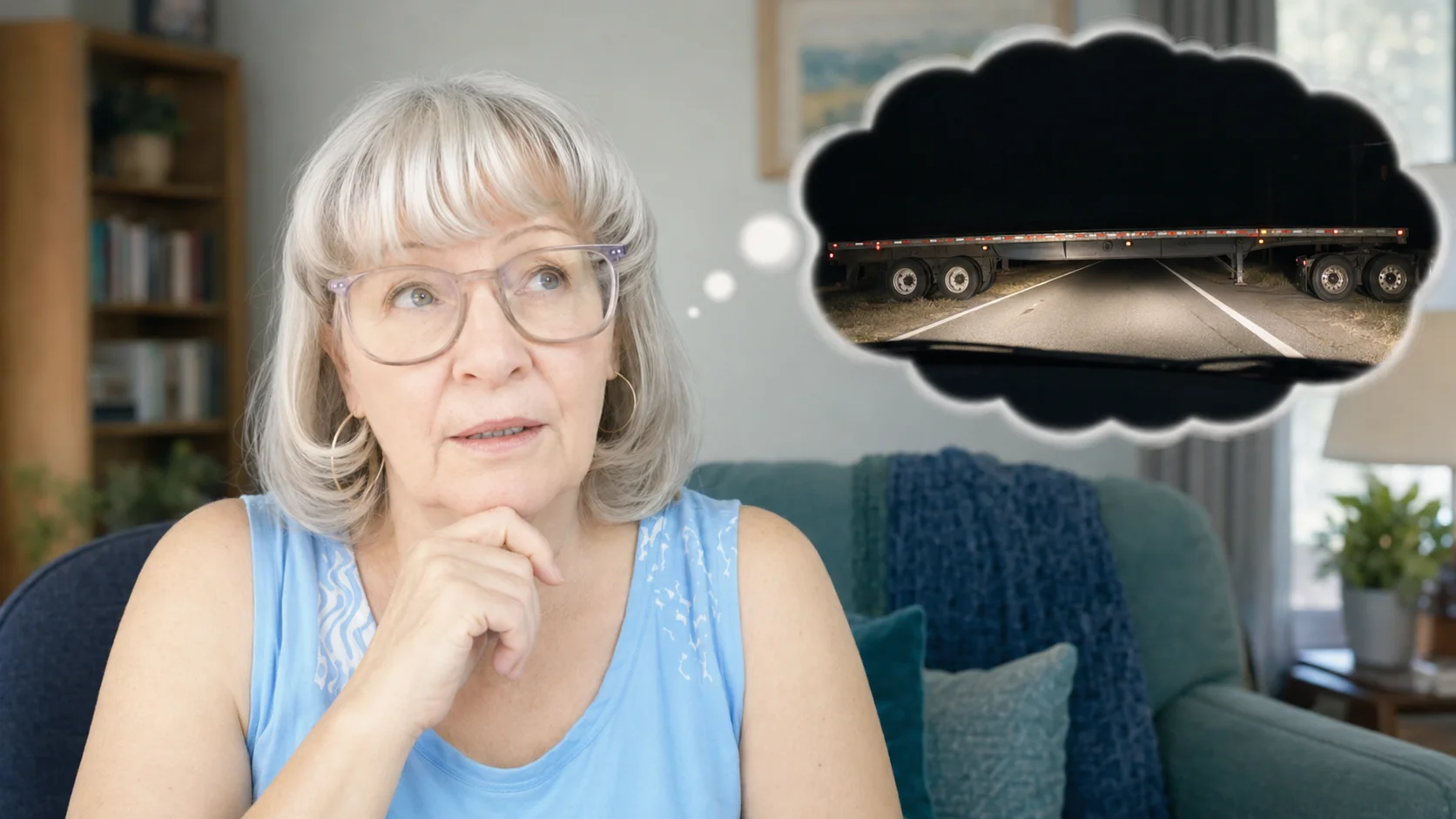 Susan thoughtfully recalls narrowly avoiding an empty flatbed trailer crossing the highway.