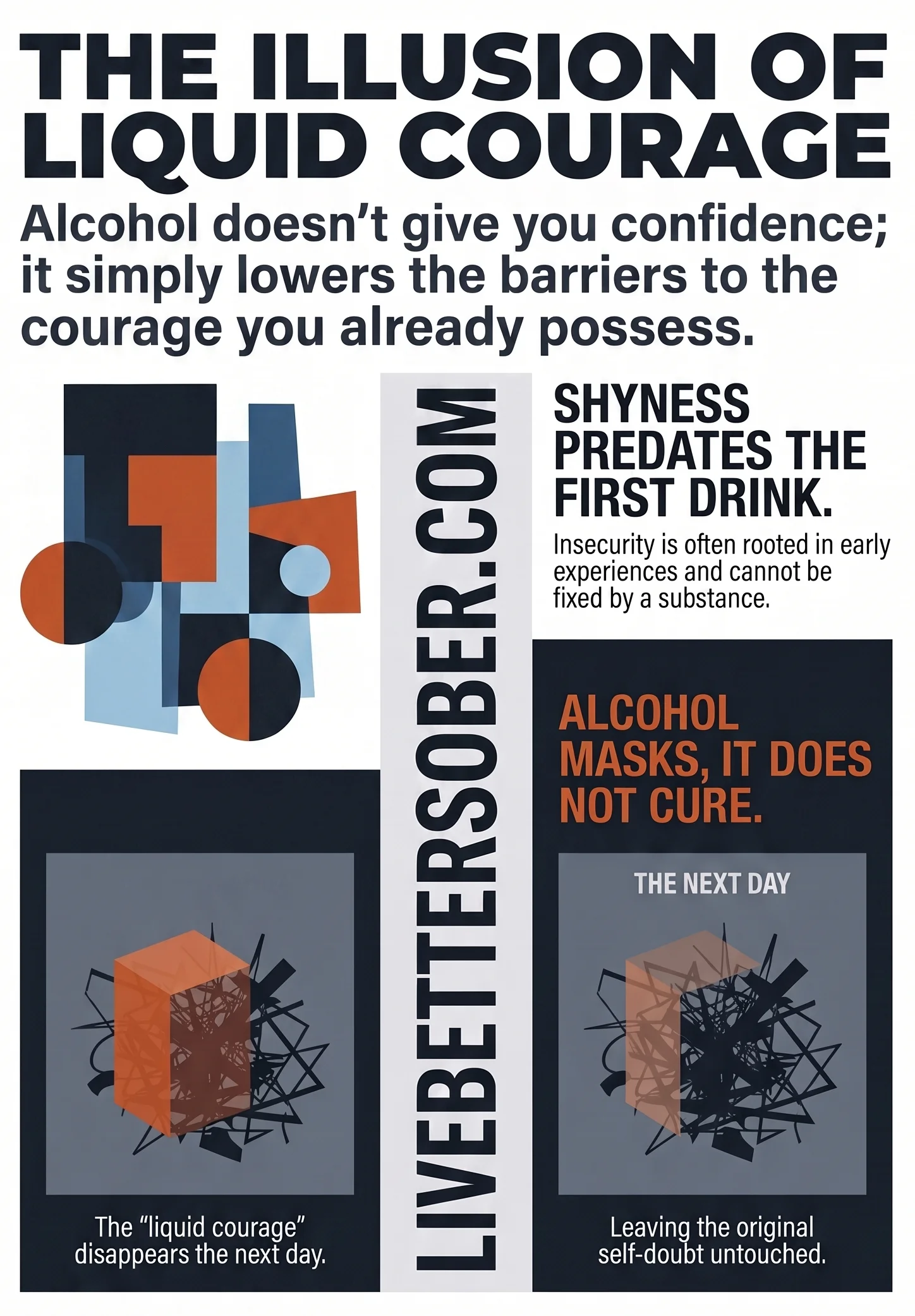 Infographic explaining that alcohol temporarily masks shyness rather than creating genuine courage or lasting confidence.