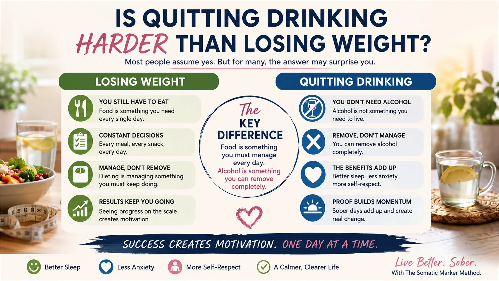 Infographic comparing losing weight and quitting drinking, showing how success creates motivation and why sobriety may become easier over time