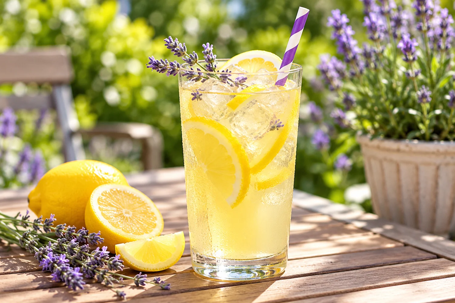 Fragrant Lavender Lemonade Mocktail Lavender lemonade mocktail with ice, lemon slices, and a lavender garnish on a sunny wooden garden table