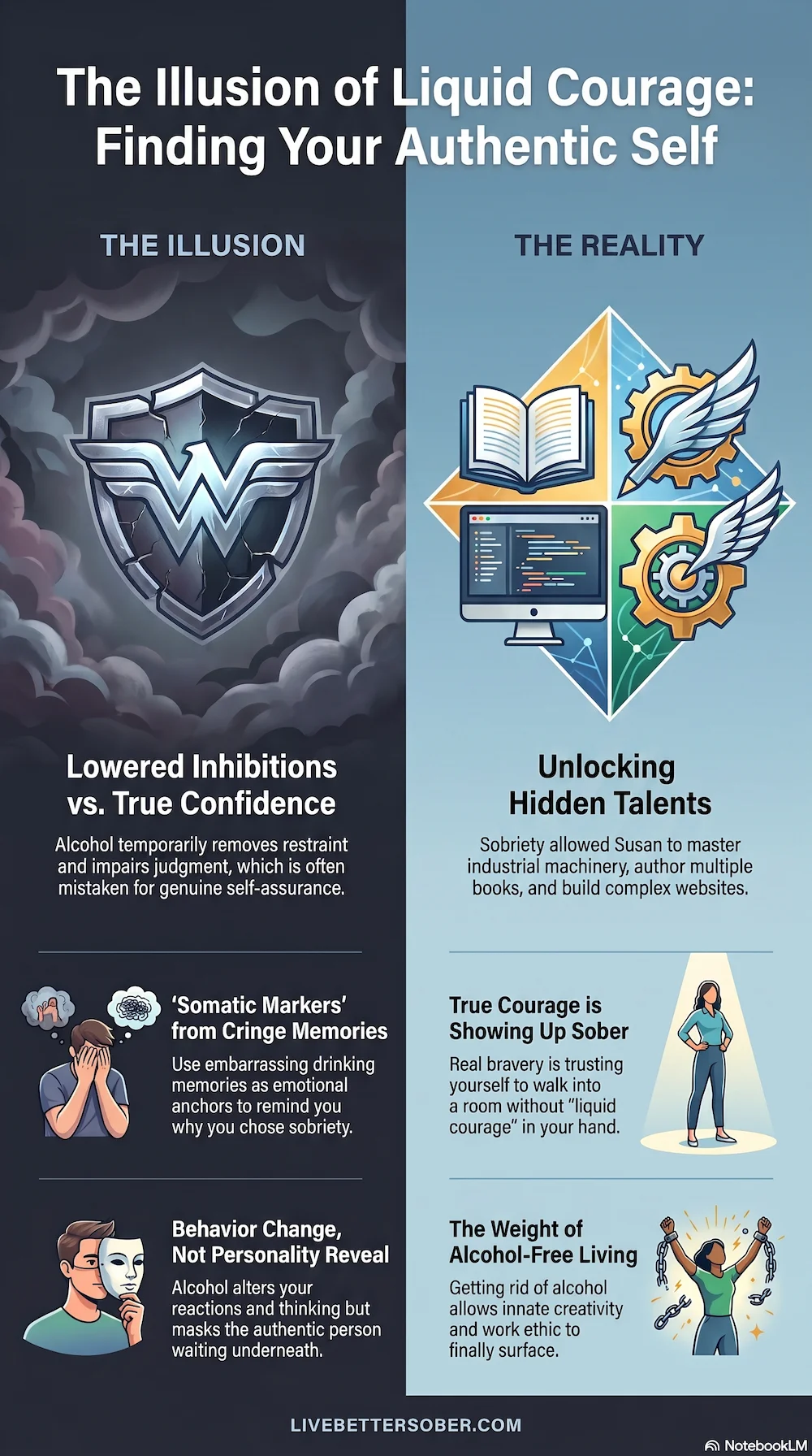 Infographic showing the illusion of liquid courage vs. your authentic self