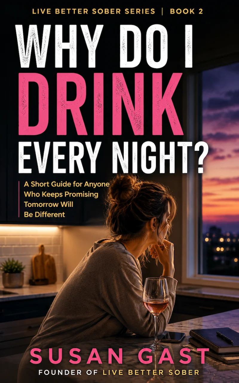 Book cover for Why Do I Drink Every Night? by Susan Gast featuring a woman sitting with a glass of wine, reflecting on her nightly drinking habit.