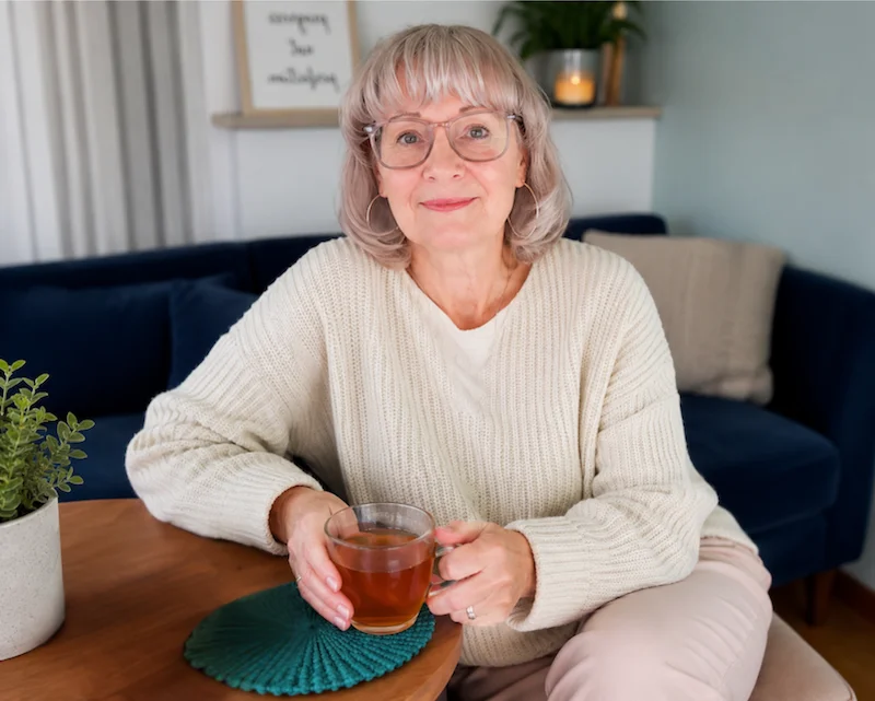 Living a calm, steady life! Susan Gast sitting calmly with a cup of tea, representing a relaxed alcohol-free lifestyle