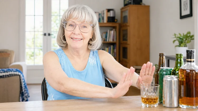 Susan Gast smiling as she pushes away beer bottles, cans, whiskey, and a glass of alcohol.