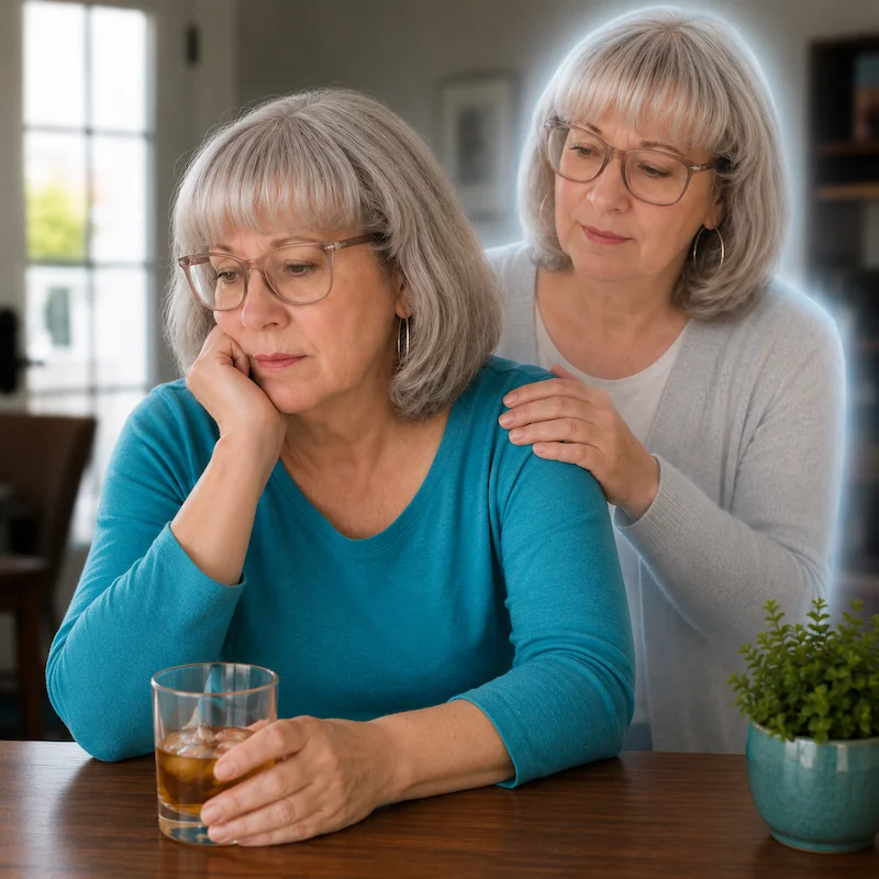 Older Susan places a reassuring hand on the shoulder of her younger self as she reflects on the decision to stop drinking.