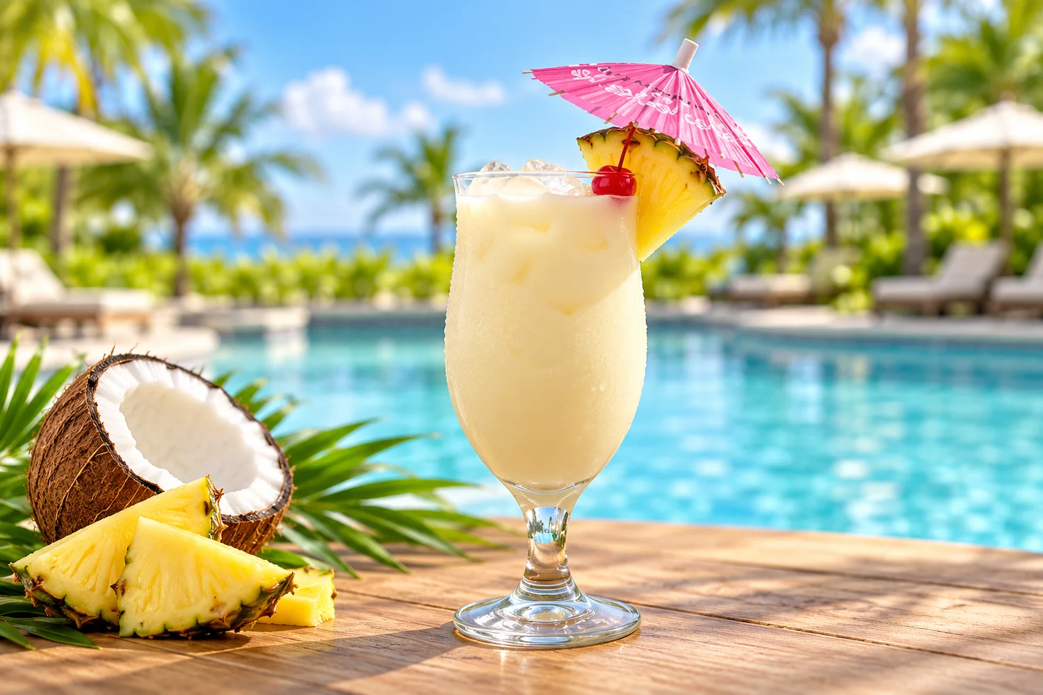 Creamy pineapple coconut mocktail with ice, pineapple wedge, cherry, and a pink umbrella beside a pool