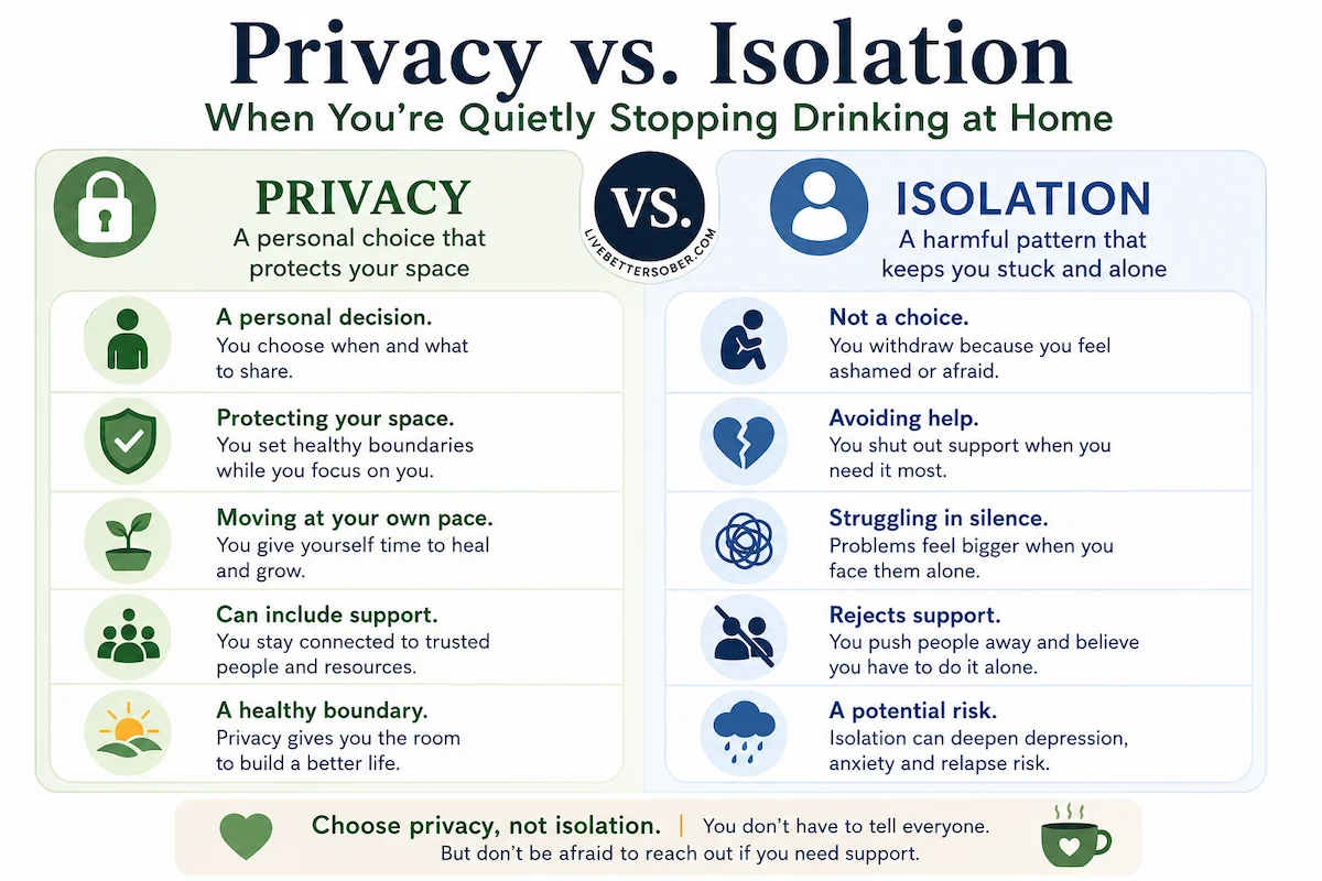 Privacy vs Isolation When Quietly Stopping Drinking at Home Privacy vs isolation infographic for people quietly stopping drinking at home.