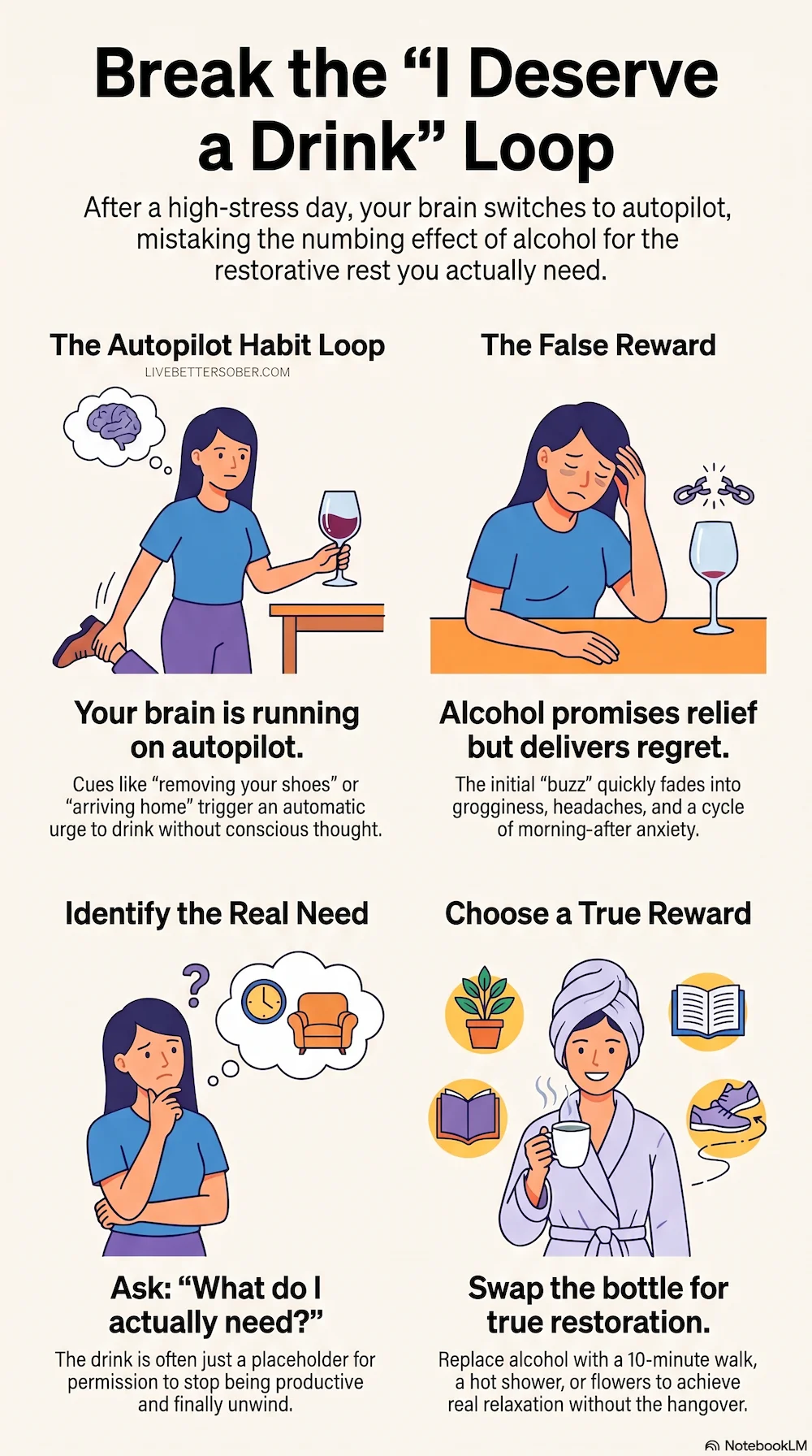 Break the "I Deserve a Drink" Loop Infographic Break the "I Deserve a Drink" loop by replacing alcohol with healthier rewards after a stressful day.