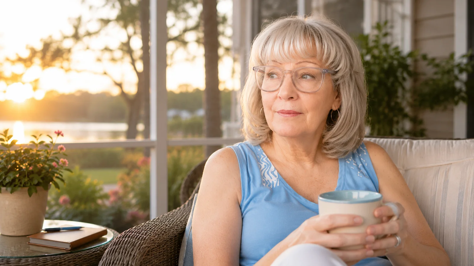 Shame-Free Sobriety Approach That Actually Helps Susan Gast sitting peacefully on a porch at sunrise reflecting on personal growth and long-term sobriety.