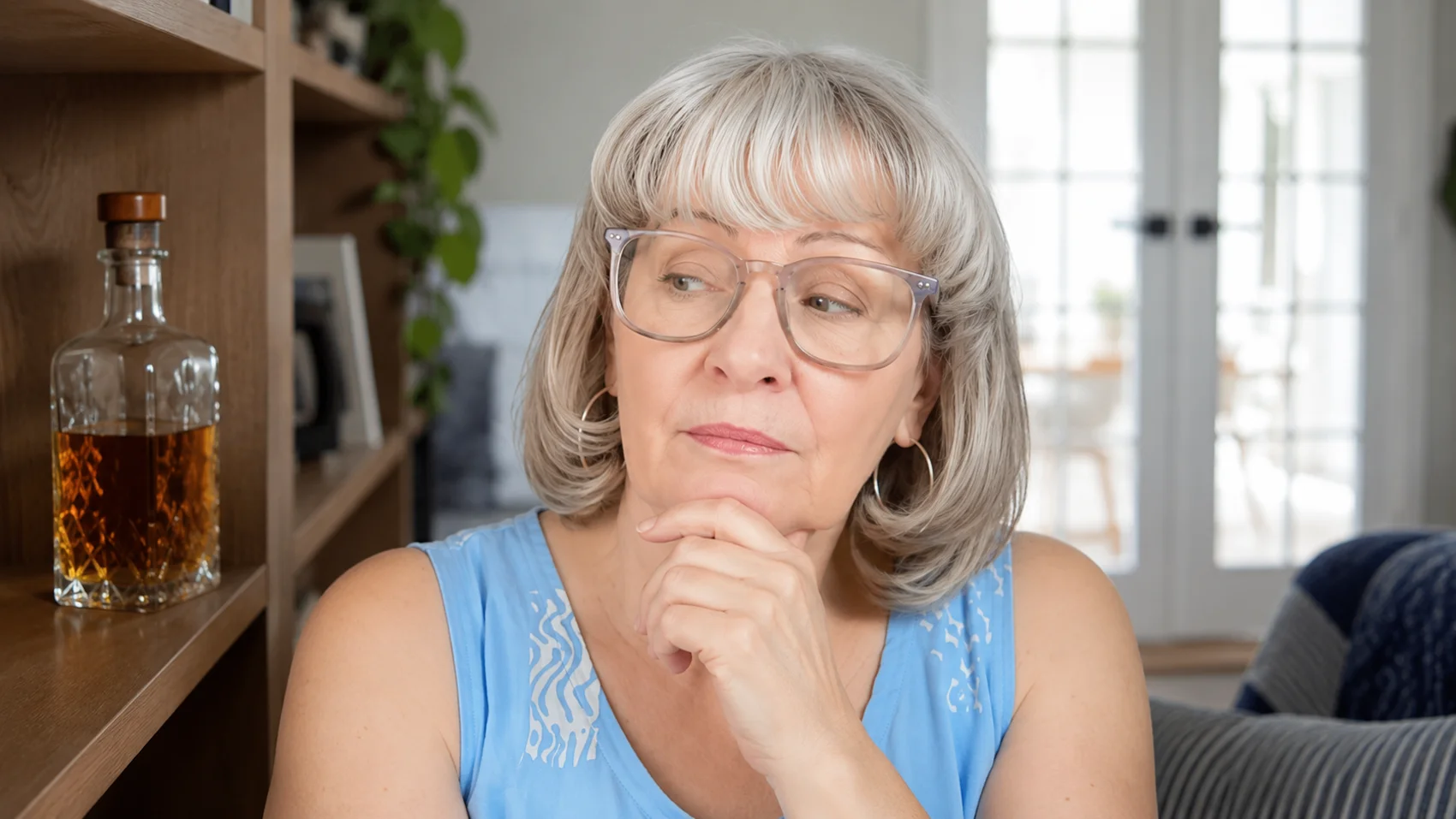 Woman thoughtfully looking at a bottle of whisky while questioning her nightly drinking habit.