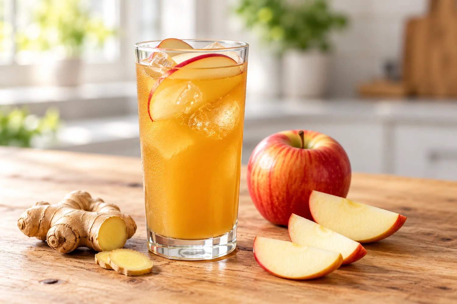 Golden ginger apple mocktail with ice and apple slices in a tall glass, beside fresh apple and ginger