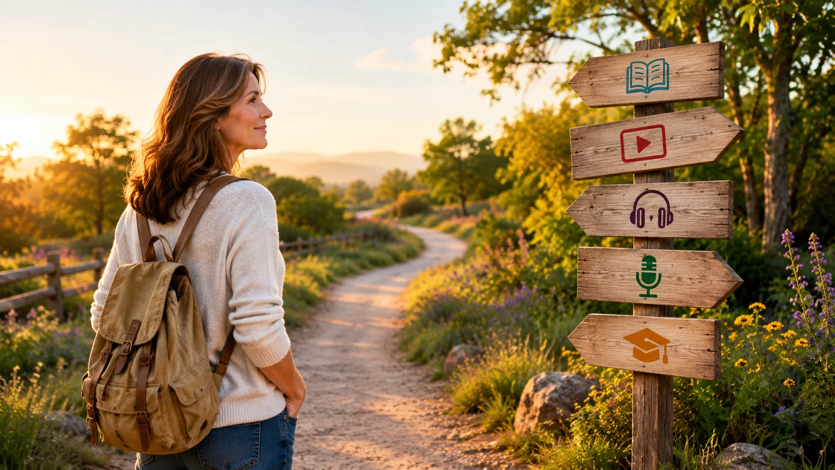 Woman standing at the beginning of a path with signposts representing different resources for sobriety support and personal growth.