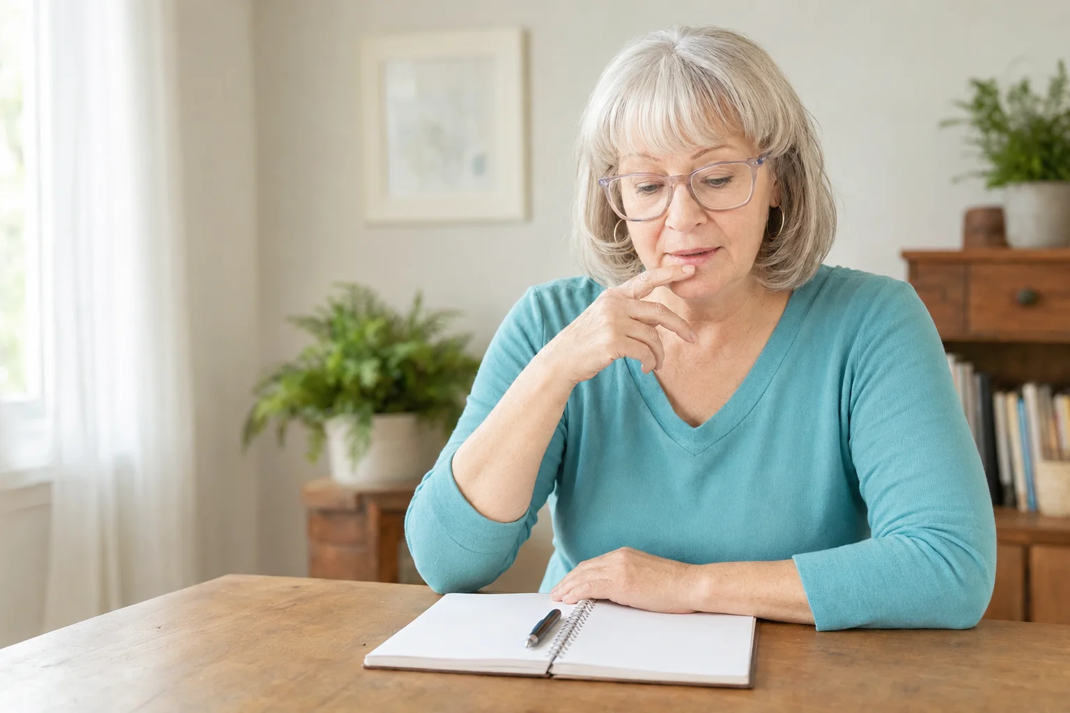Reflecting Honestly After a Drinking Slip Without Spiraling Susan thoughtfully considering what to write in her workbook after a drinking slip.