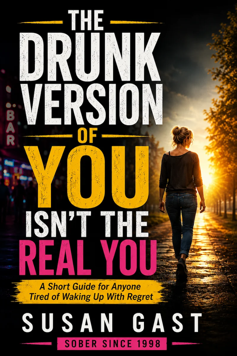 Book cover for The Drunk Version of You Isn't the Real You by Susan Gast featuring a woman walking away from a bar toward a brighter future.