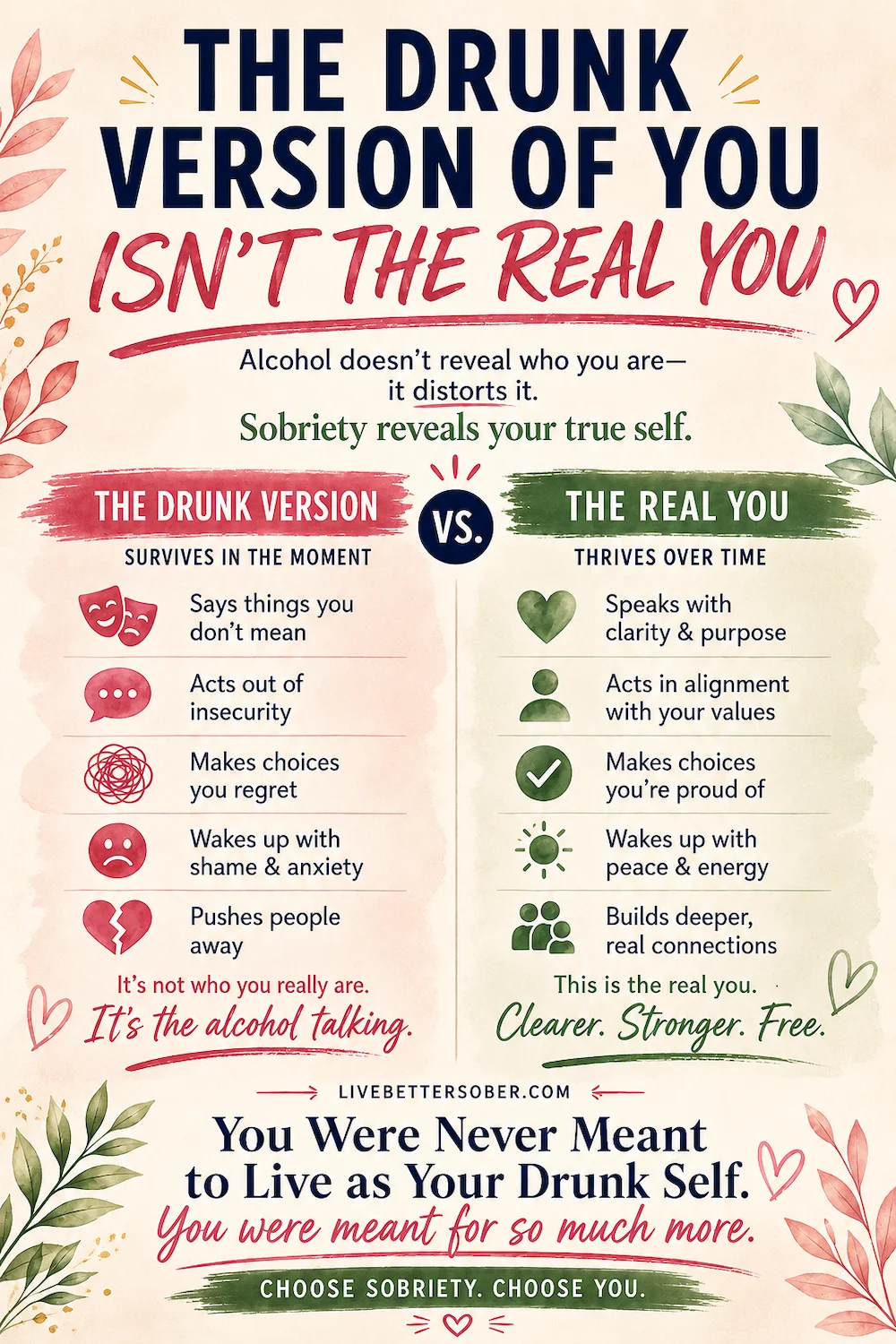 The drunk version of you isn't the real you infographic comparing the effects of alcohol with the benefits of sobriety, showing how sobriety reveals your true self, builds real connections, and supports a healthier, more authentic life.