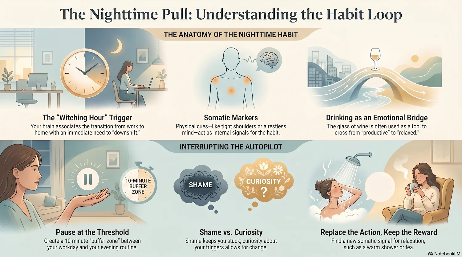 The Nighttime Pull: Understanding the Habit Loop Infographic explaining the nighttime drinking habit loop, somatic markers, emotional triggers, and healthier transition rituals.
