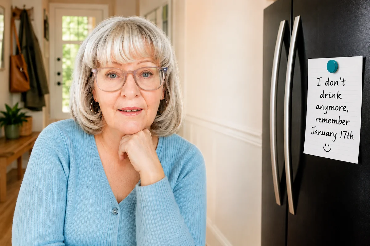 The 2-Minute Reset That Can Change Your Evening Susan beside a refrigerator with an "I don't drink anymore" reminder note.