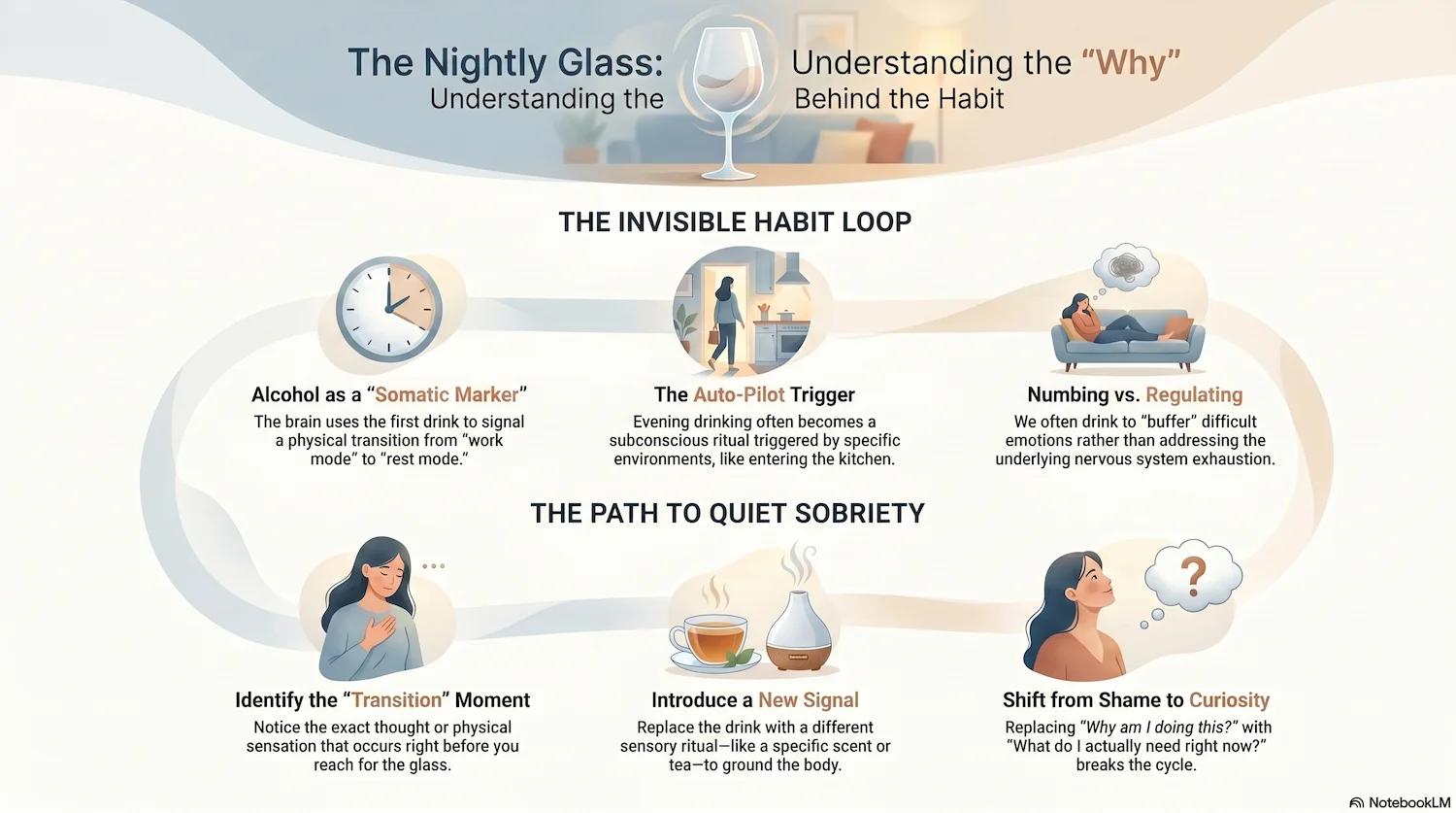 Understanding the Nightly Drinking Habit Loop Infographic explaining the nightly drinking habit loop and the path to quiet sobriety using The Somatic Marker Method.
