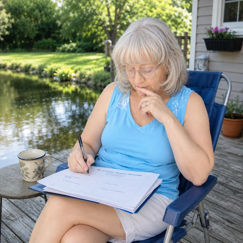 Susan writing in her My Somatic Marker Moments workbook while reflecting on past drinking experiences