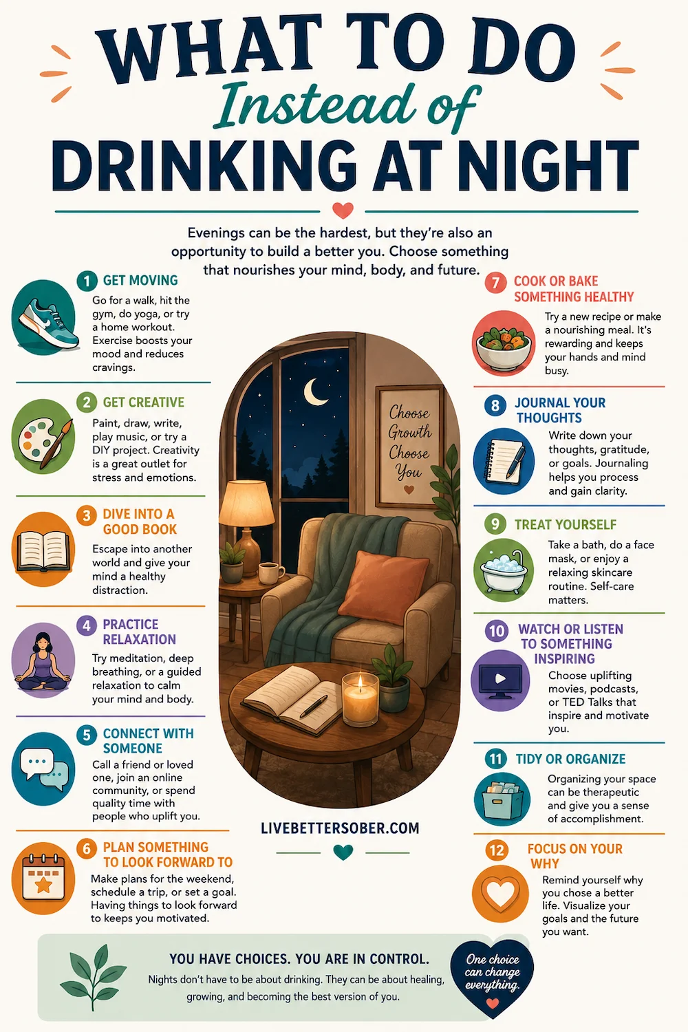What to Do Instead of Drinking at Night – Healthy Evening Alternatives Infographic showing healthy alternatives to drinking at night, including relaxation, hobbies, exercise, journaling, and self-care.