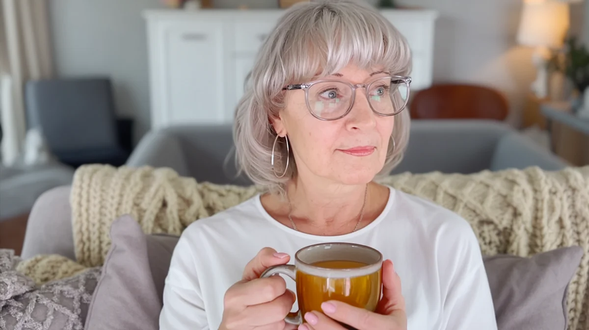 What to do instead of drinking at night calm tea routine Woman sitting on couch holding mug of tea in a calm evening routine
