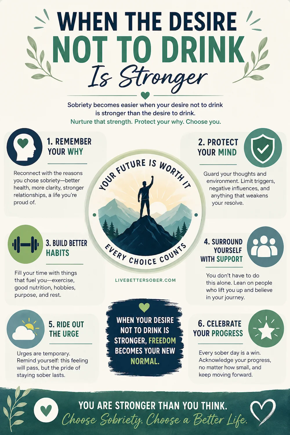 When the desire not to drink becomes stronger than the urge to drink, sobriety motivation infographic with six practical mindset tips.