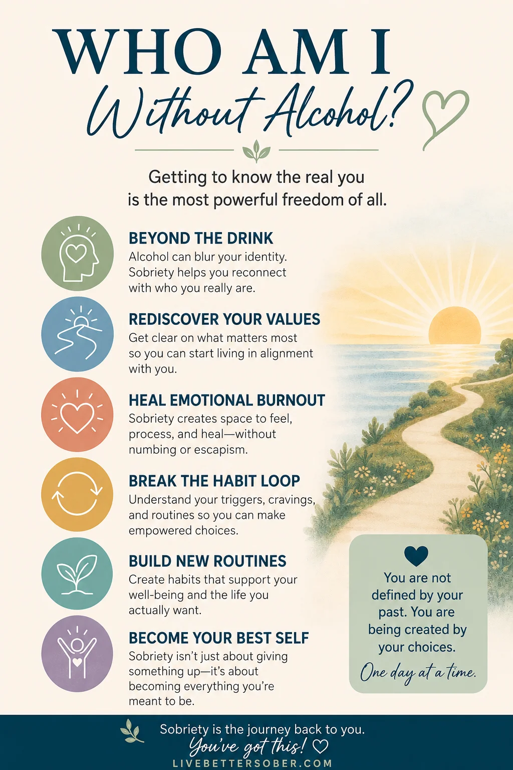 Pinterest infographic about rediscovering your identity without alcohol, breaking habit loops, healing emotional burnout, and building a sober life aligned with your values.