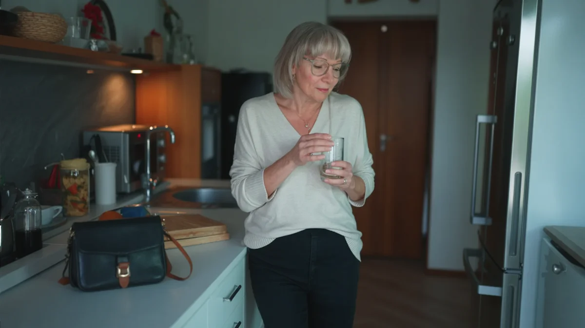 Another Night, Another Promise to Quit Tomorrow Woman standing in her kitchen after work holding a familiar evening drink while reflecting quietly