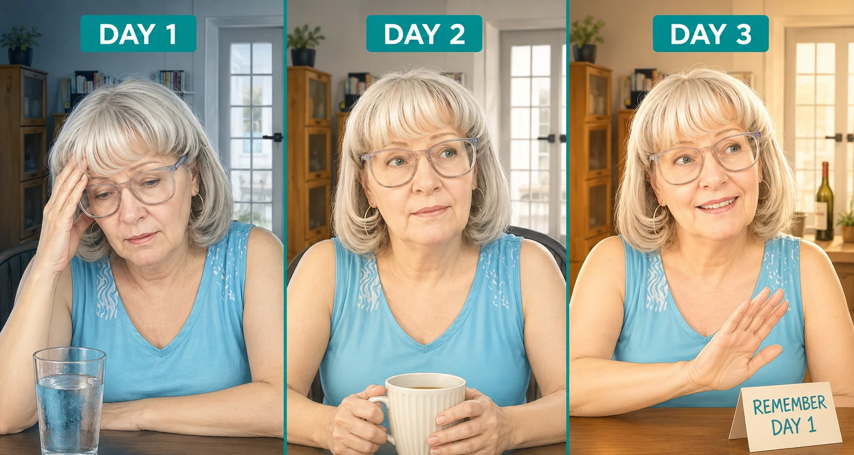 Susan’s Day Three drinking pattern, from feeling awful on Day One to dismissing the warning signs on Day Three